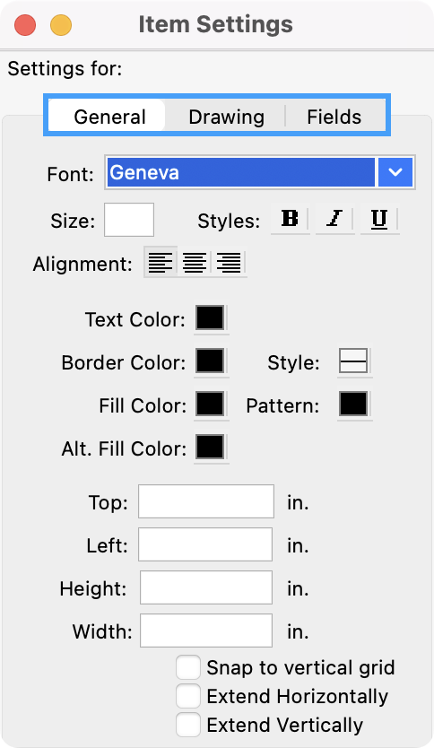 Item Settings window with General, Drawing, and Fields highlighted.