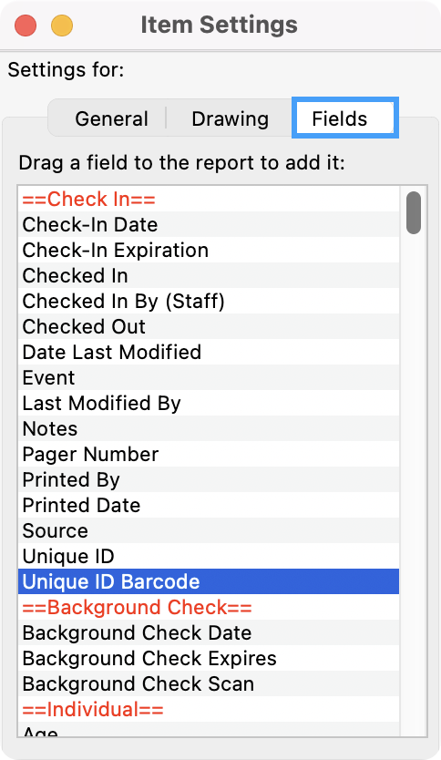 Item Setting window with the Fields tab highlighted and Unique ID Barcode selected.