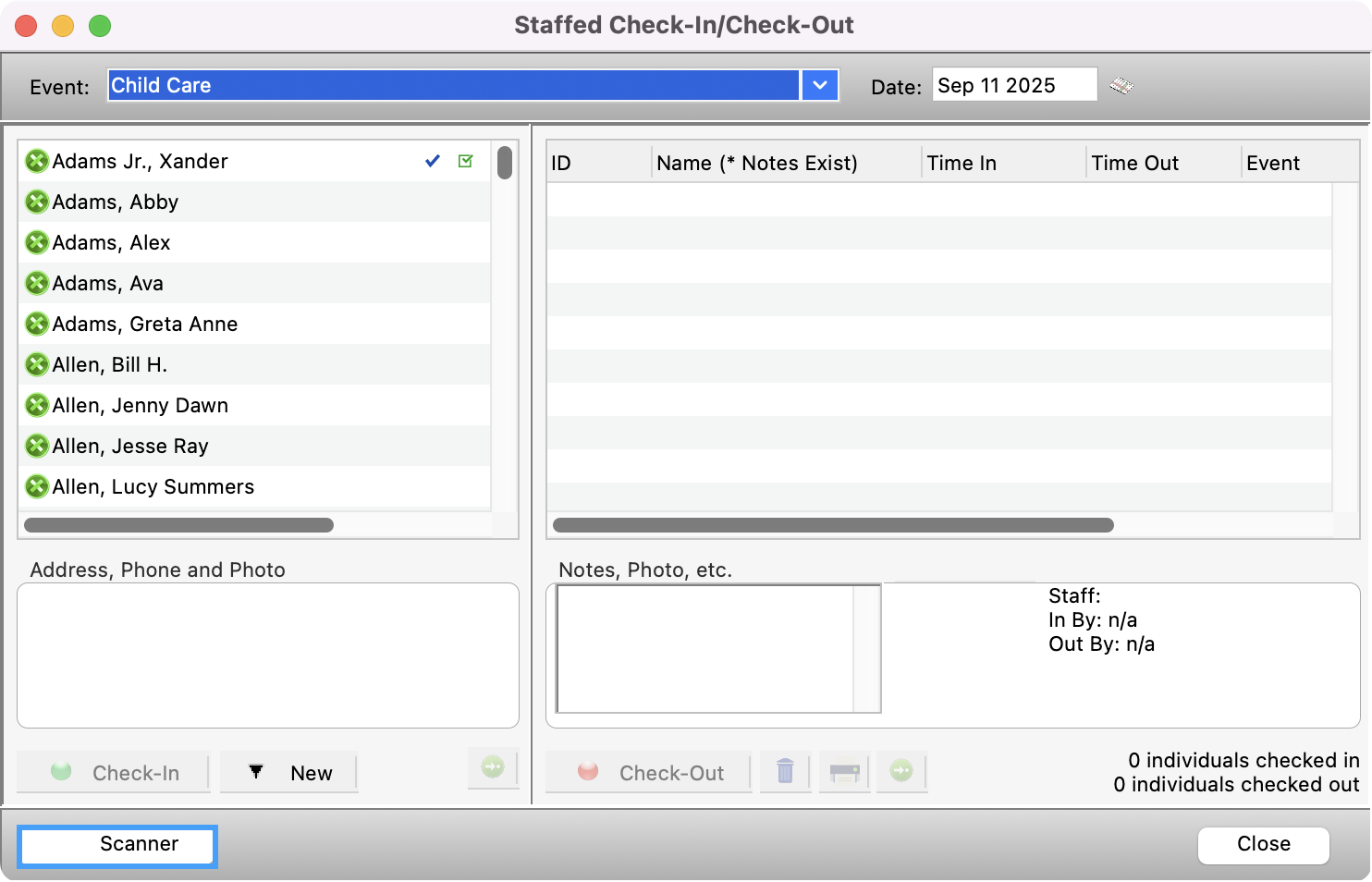 Staffed Check-In Check-Out window with the scanner button highlighed. 