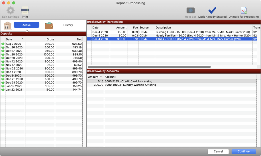 Deposit Processing window. 
