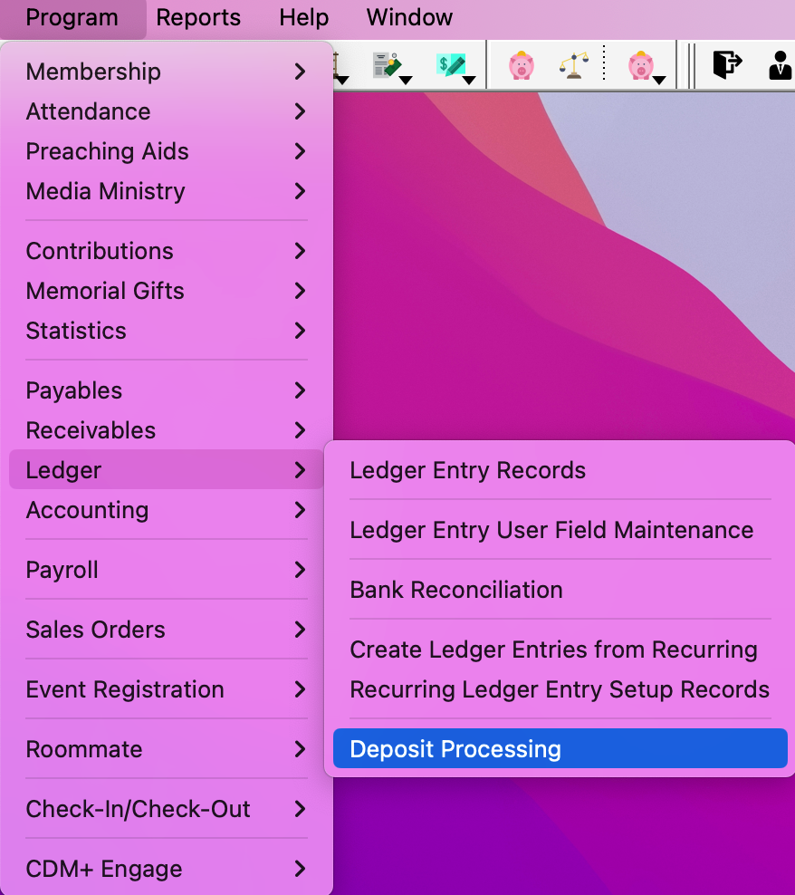 Navigation path to Deposit Processing
