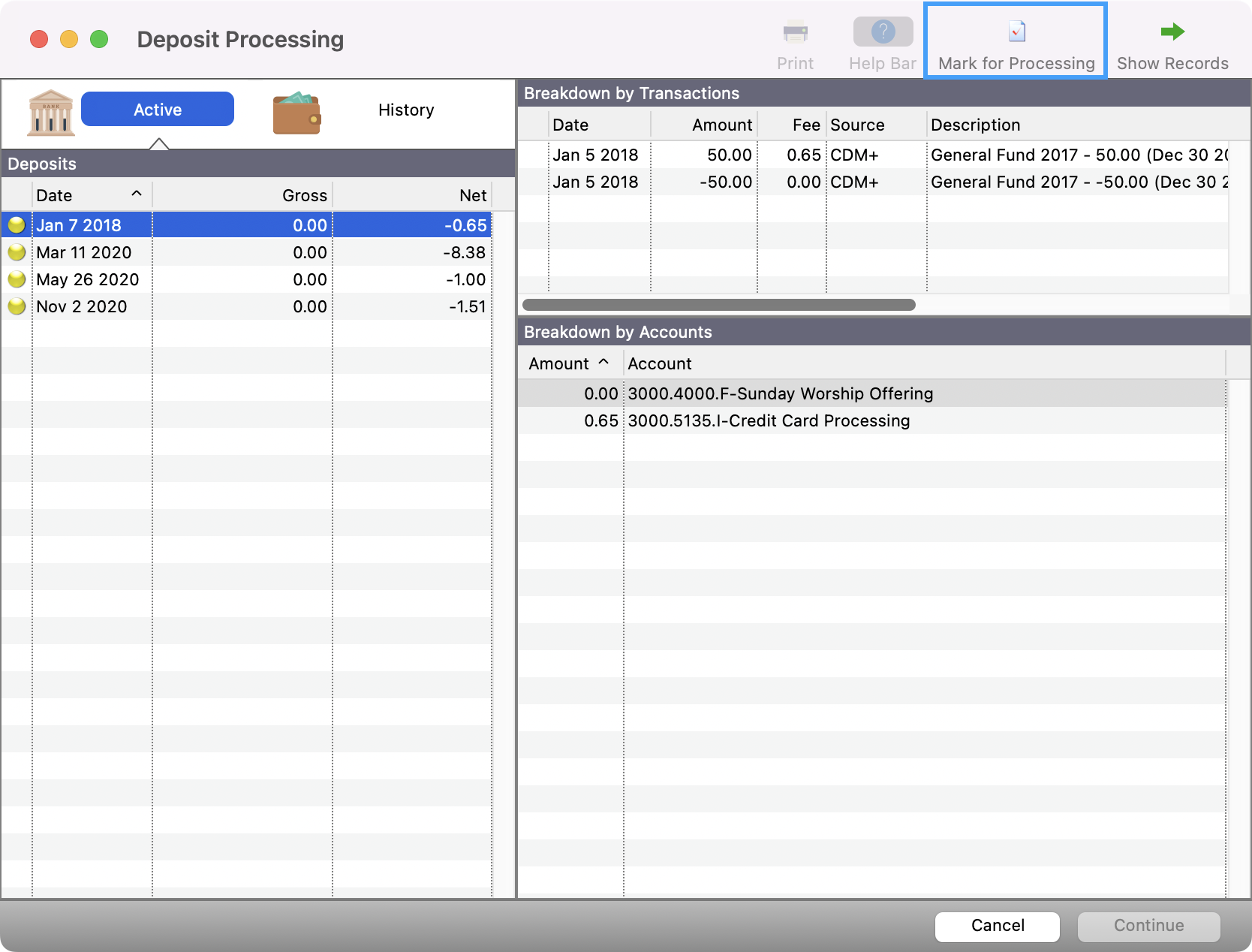 Deposit Processing Window withe the Mark for Processing button highlighted. 