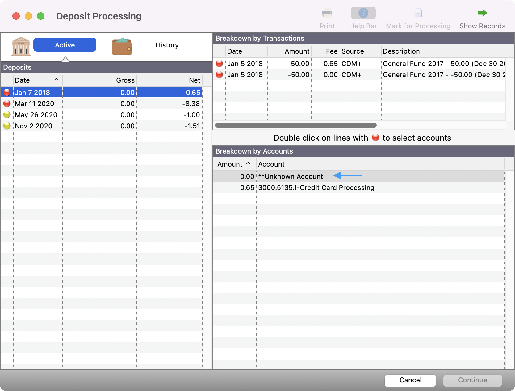 Deposit Processing window with an arrow pointing to the unknown account.