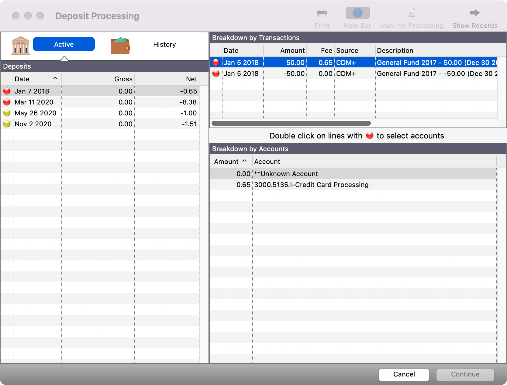 Deposit Processing window with one of the transactions selected on the right-hand side.