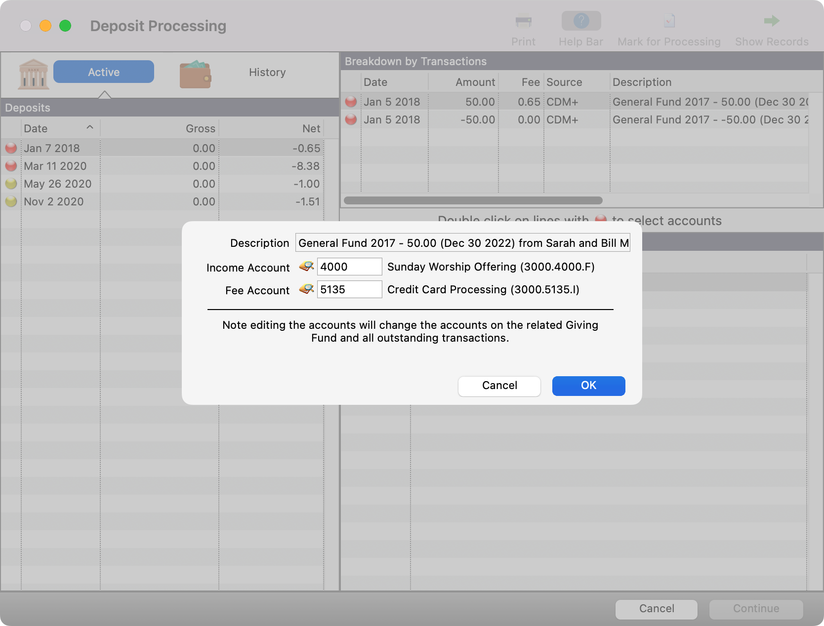 Deposit Processing window with the accounts window pop-up.