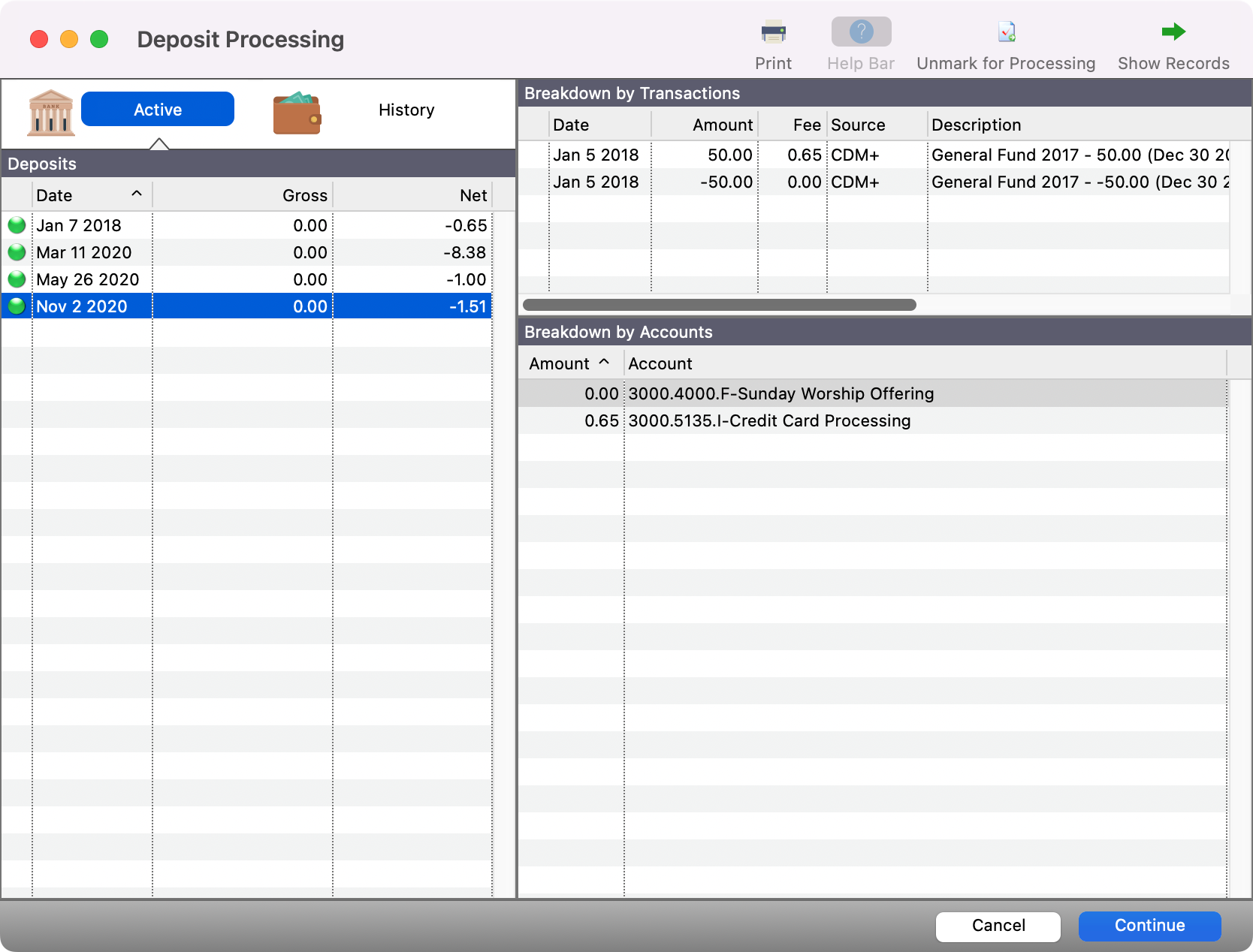 Deposit Processing window with all transactions with a green dot signifying they are marked for processing.