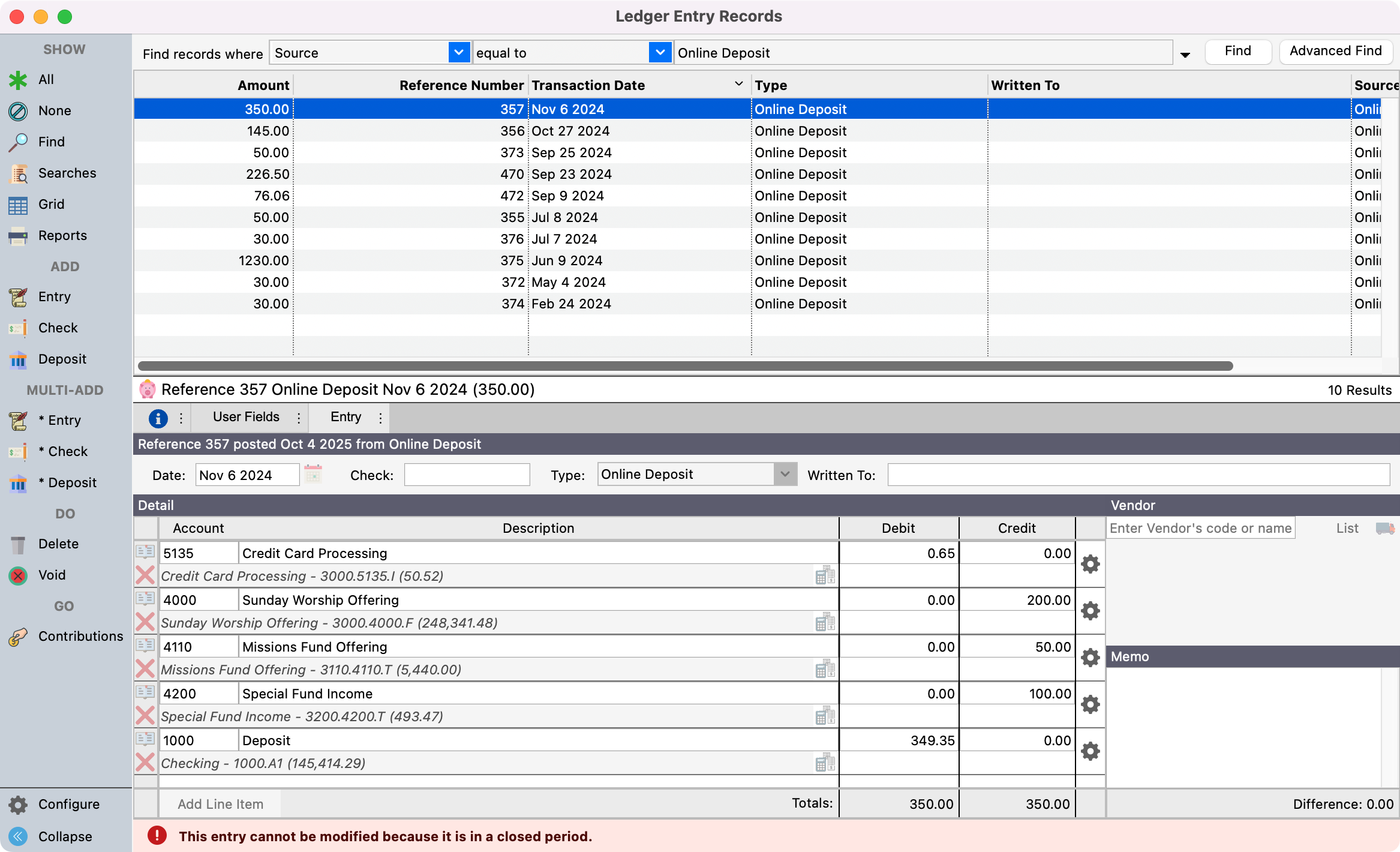 Ledger Entry Records window with Online Deposit selected.