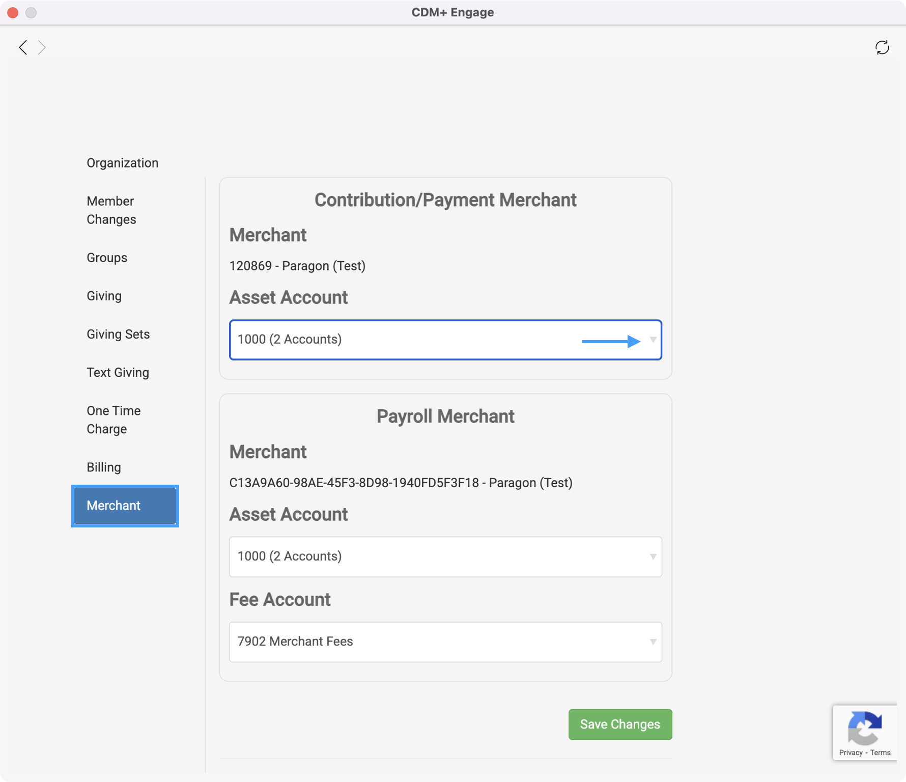 Engage Settings Merchant menu with an arrow pointing to the Asset Account options.