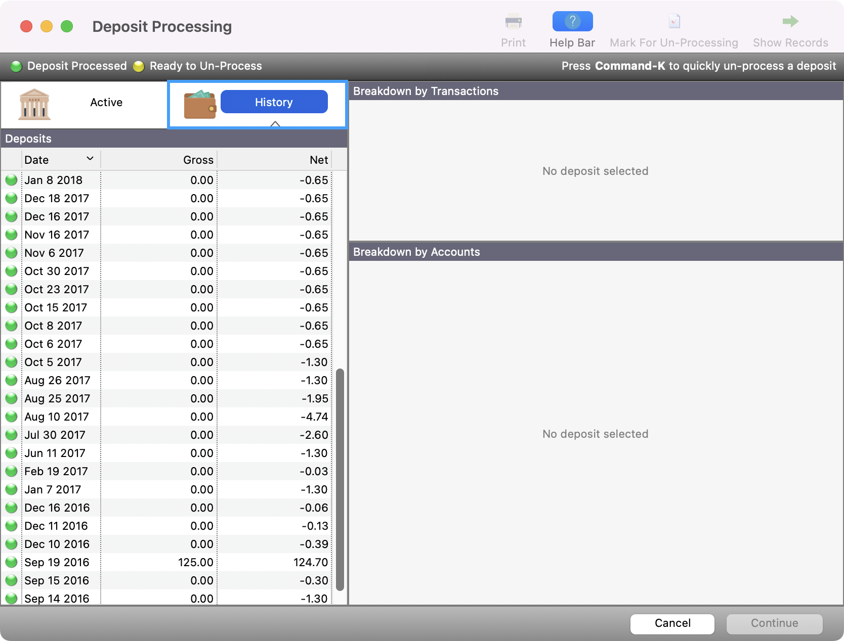 Deposit Processing window with the History button highlighted.