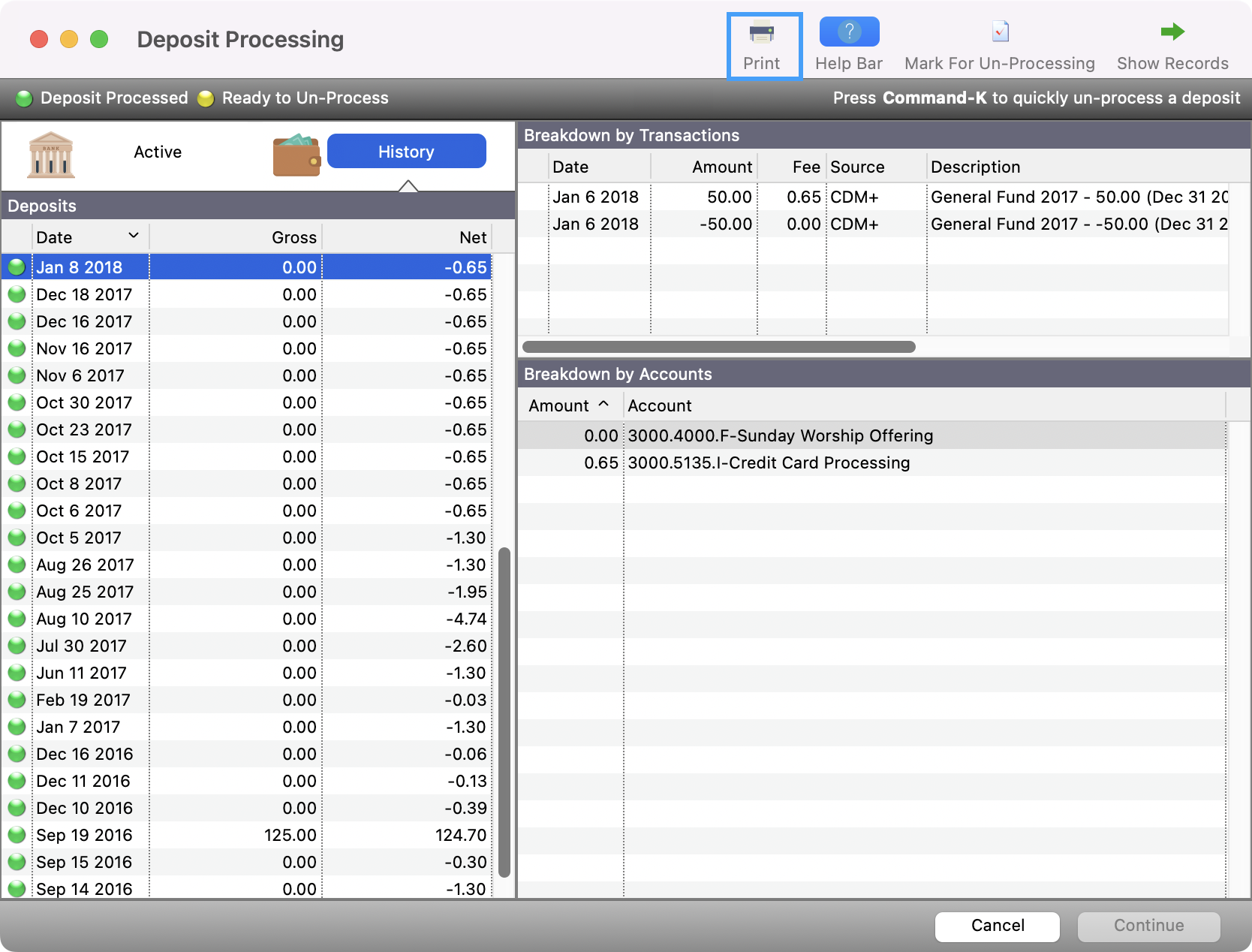 Deposit Processing window with an entry selected and Print highlighted.