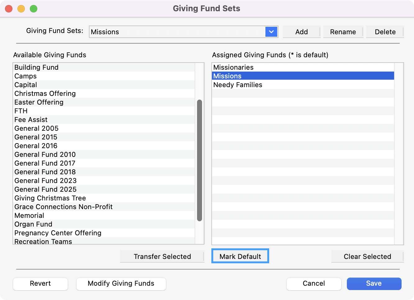 Giving Fund Sets window with a fund in a set selected and the Mark Default button at the bottom highlighted.