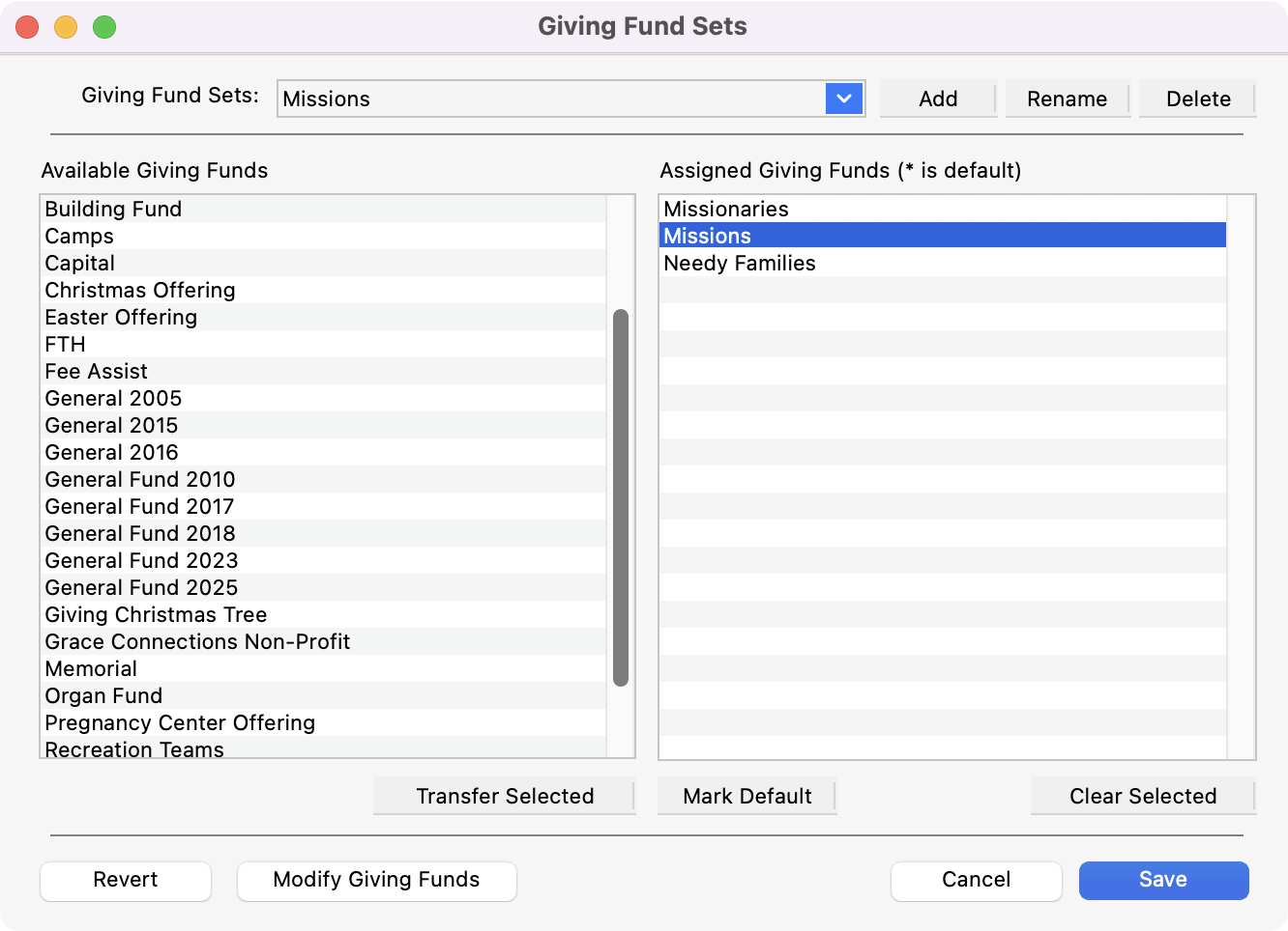 Giving Fund Sets window.