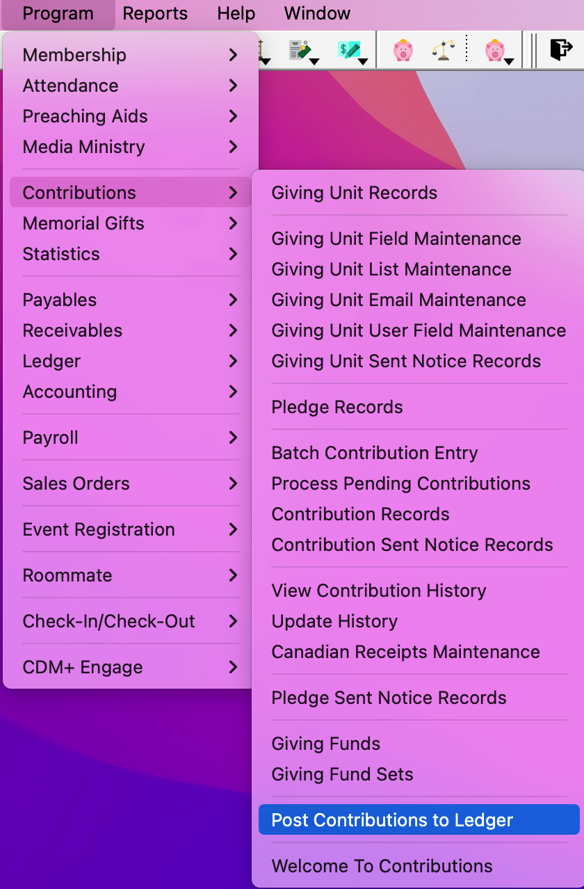 Navigation path to Post Contributions to Ledger.
