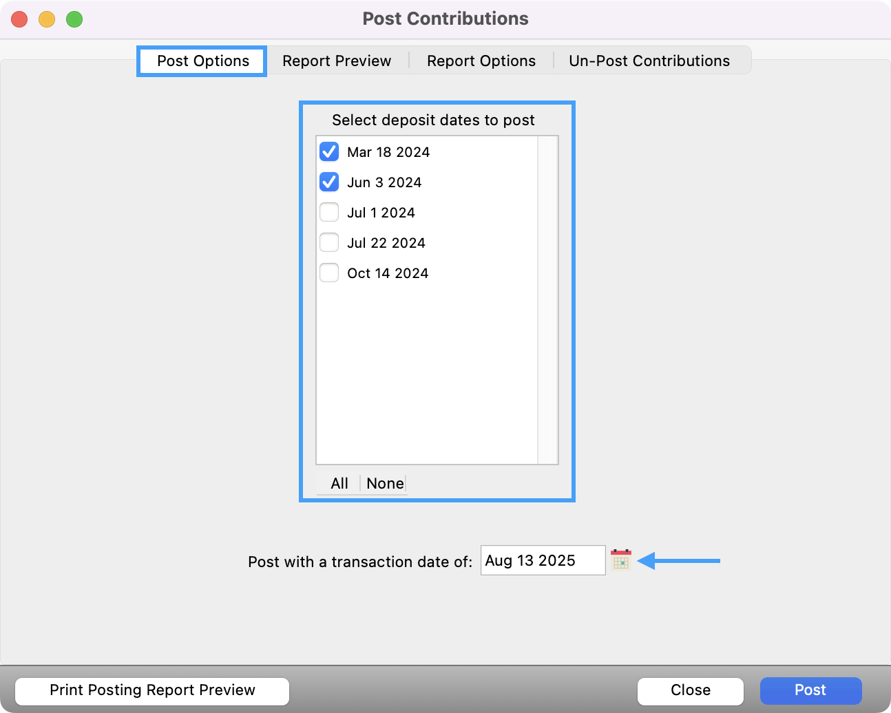 Post Contributions window with the Post Options and Deposit dates highlighted and an arrow pointing to the transaction date field calendar.