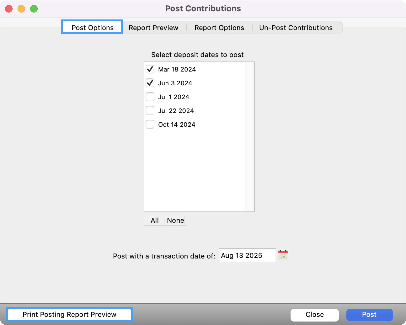 Print Contributions window with the Post Options tab and Print Posting Report button highlighted.