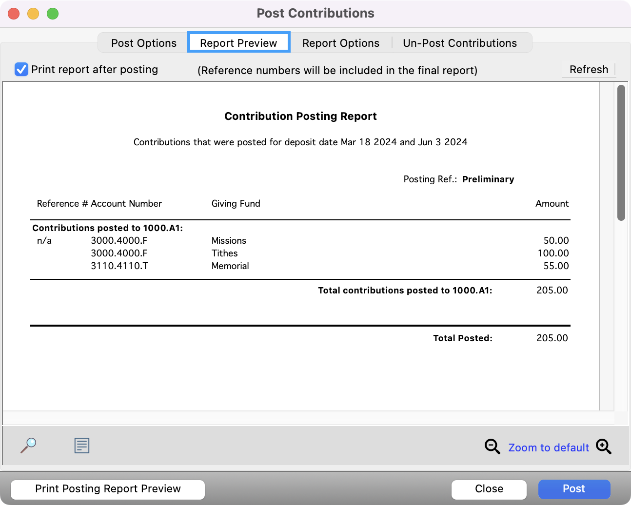 Post Contributions window with the Report Preview tab highlighted.