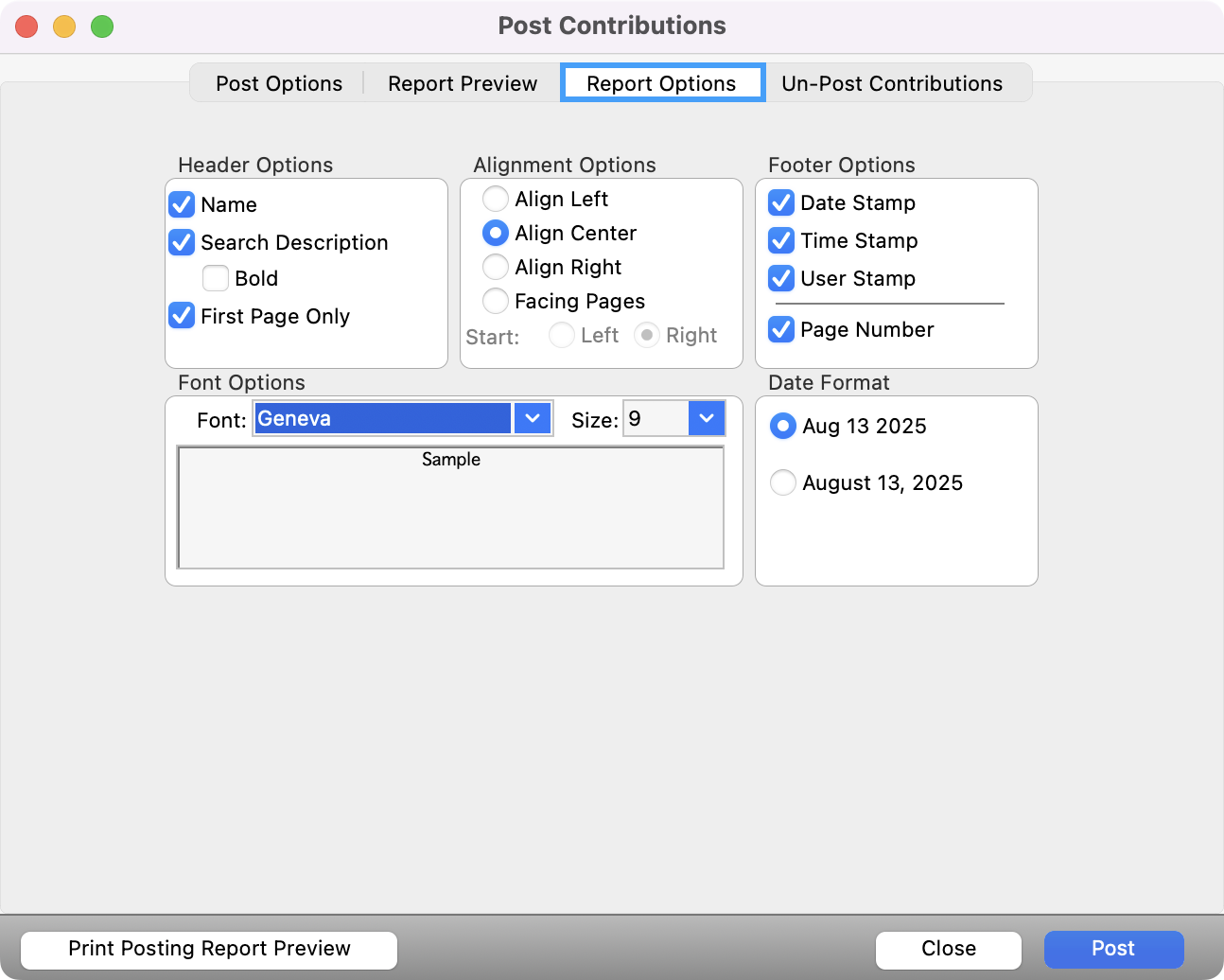 Post Contributions window with the Report Options tab highlighted.