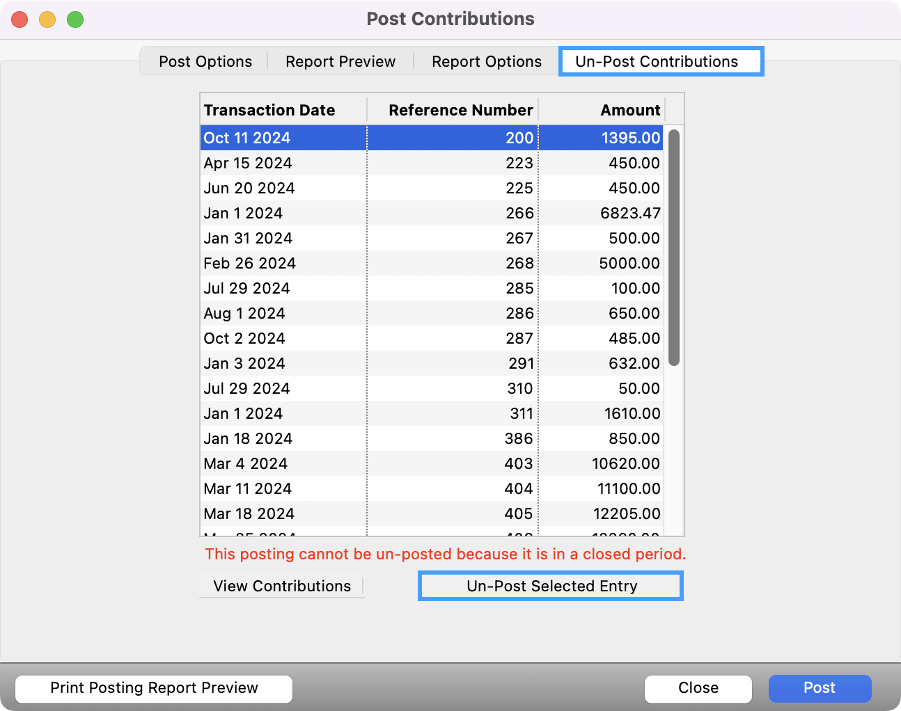 Post Contributions window with the Un-Post Contributions tab and Un-Post Selected Entry button highlighted.