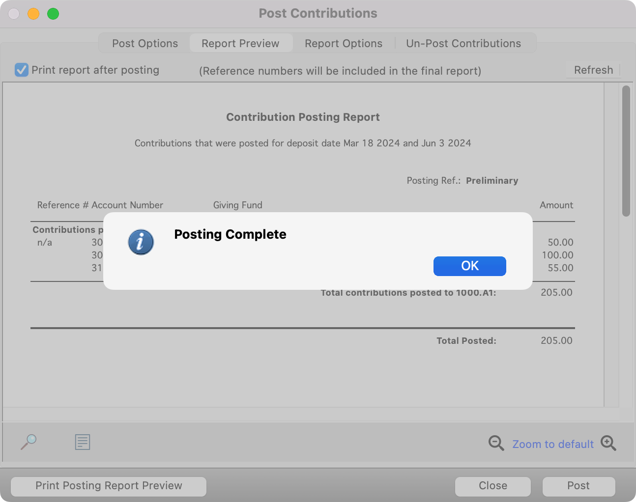 Posting Contributions window with the Posting Complete pop-up.
