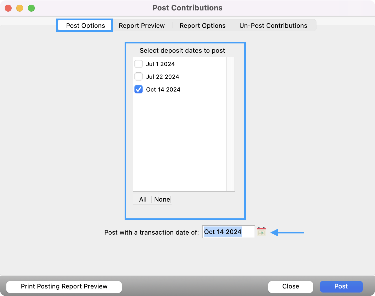 Post Contributions window with the Post Options and Deposit dates highlighted and an arrow pointing to the transaction date field calendar.