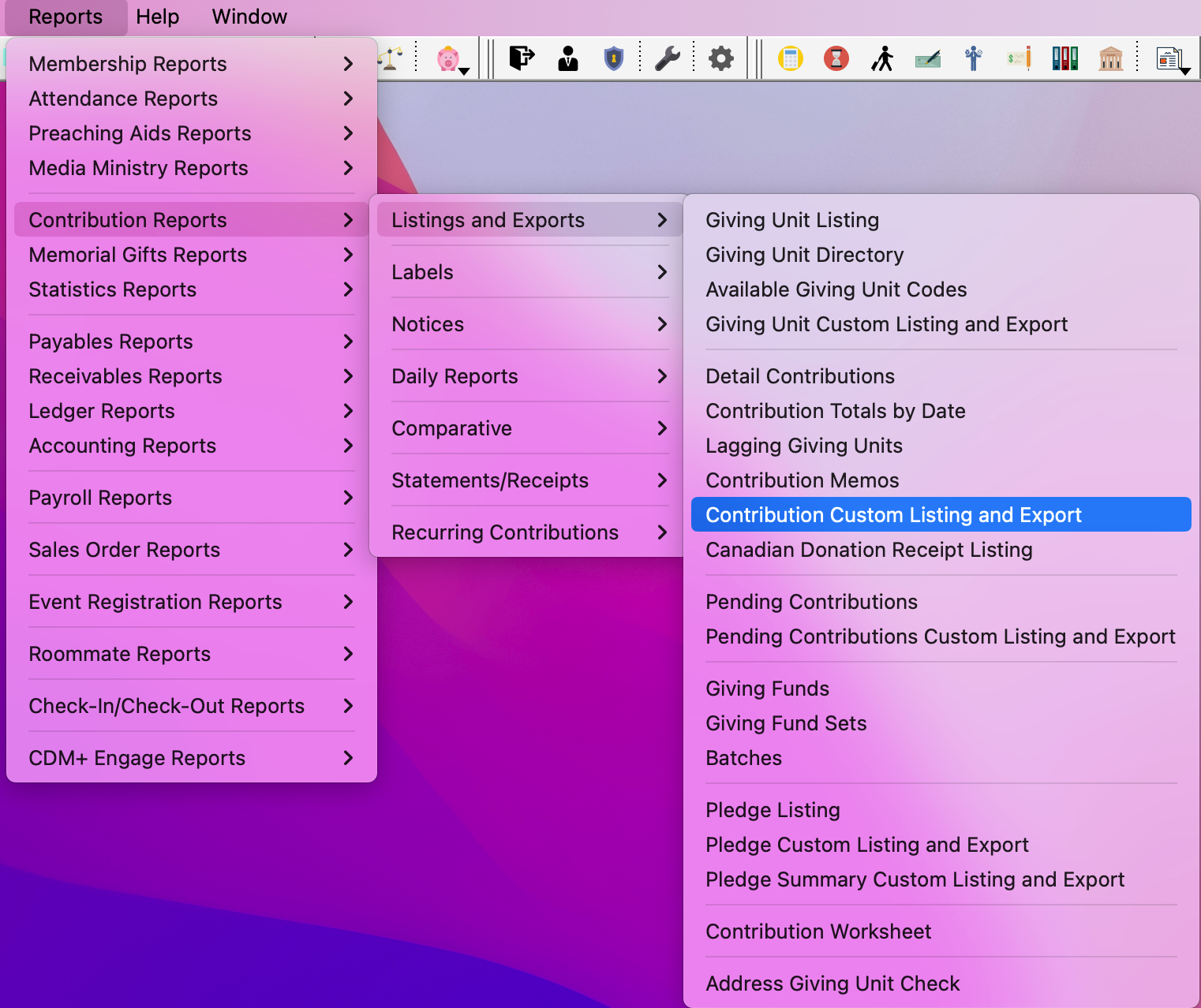 Navingation path to the Custom Listing and Export report.