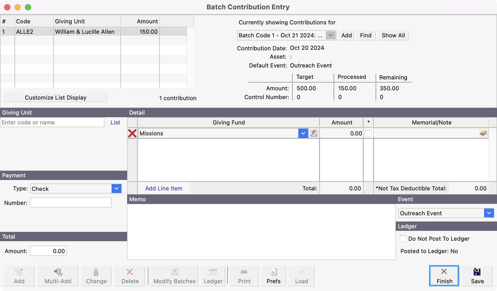 Batch Contribution Entry window highlighting the Finish option. 