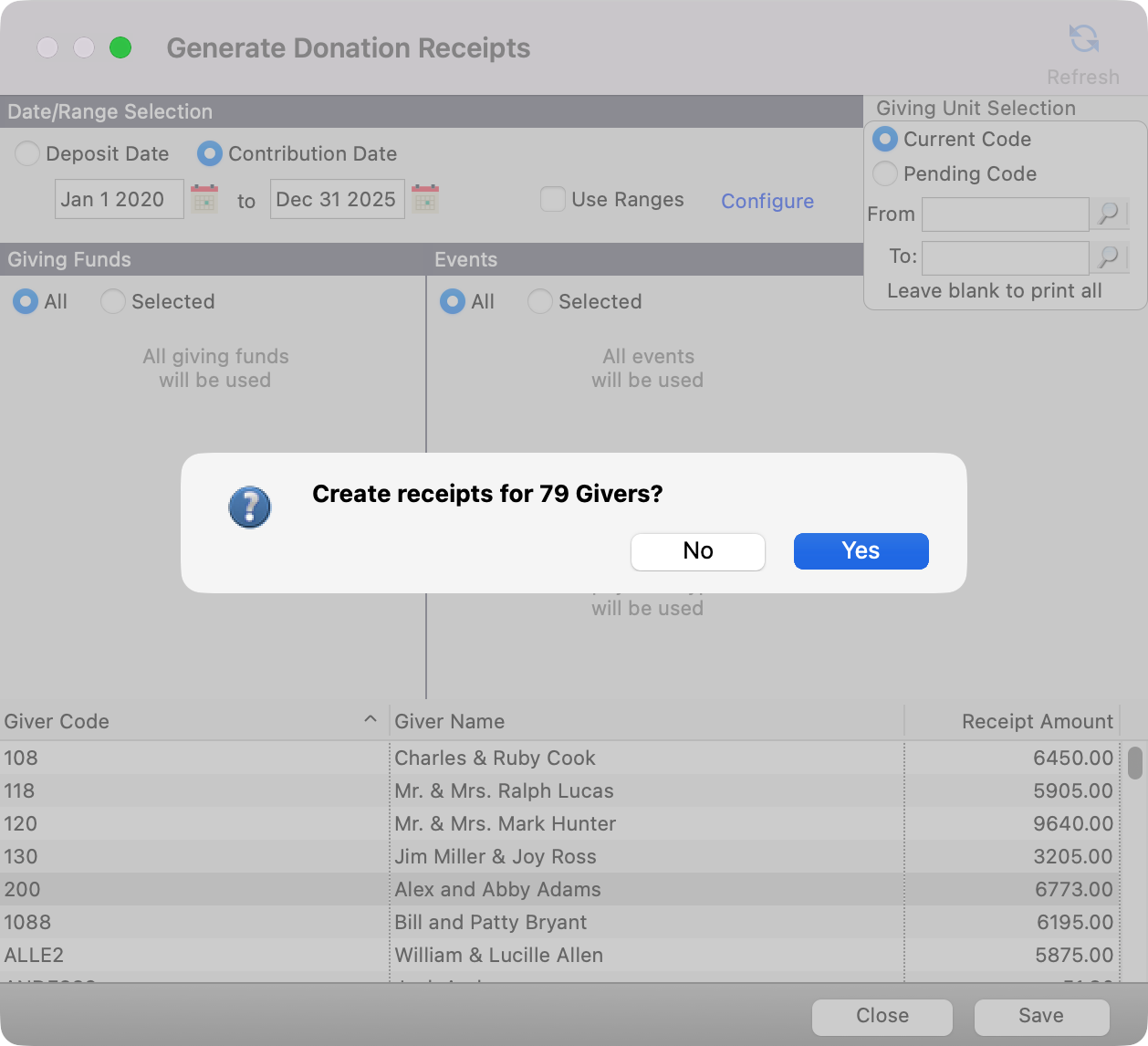 Generate Donations receipt window with a pop-up asking if you want to create receipts. 