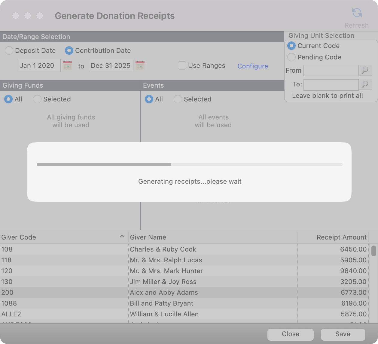 Generate Donations receipts window with a communication box letting the user know the receipts are being generated. 