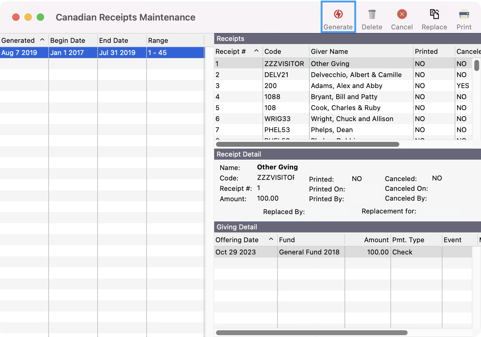 Canadian Receipt Maintenance window with the Generate button highlighted. 