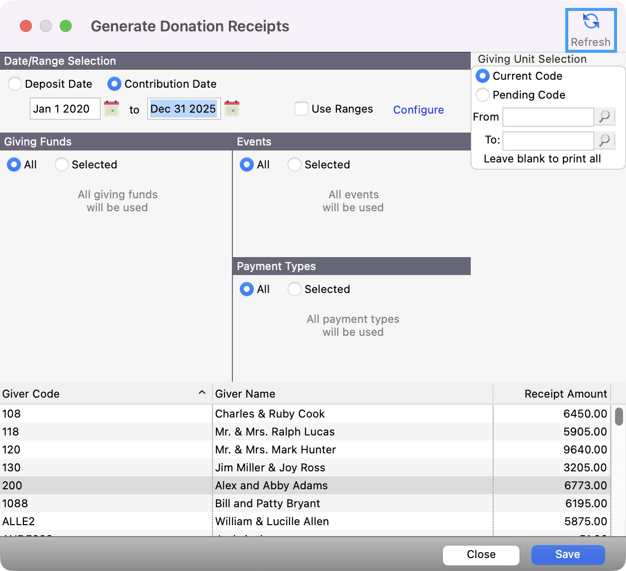 Generate Donation Receipts window with the refresh button highlighted. 