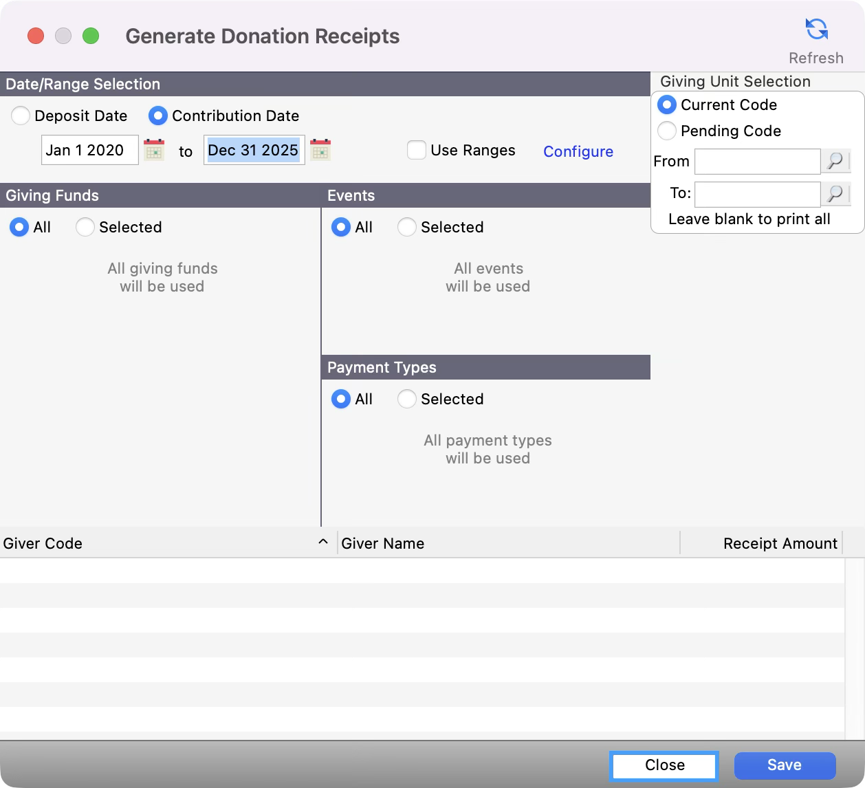Generate Donations Receipts window with the close button highlighted.