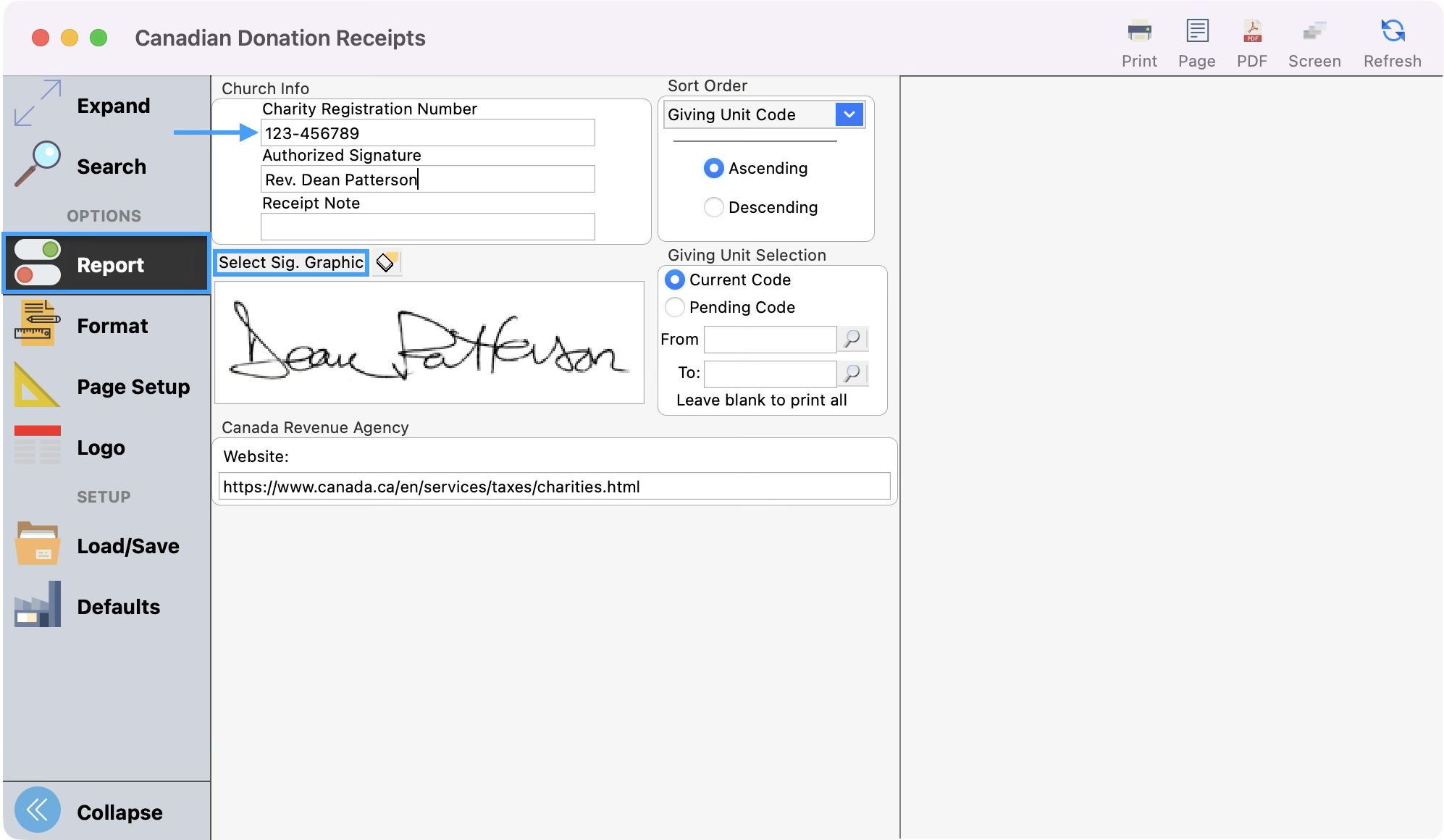Canadian Donation Receipt window with report highlighted in the left sidebar, an arrow pointing to the Charity Registration number field, and Select Sig Graphic button highlighted. 