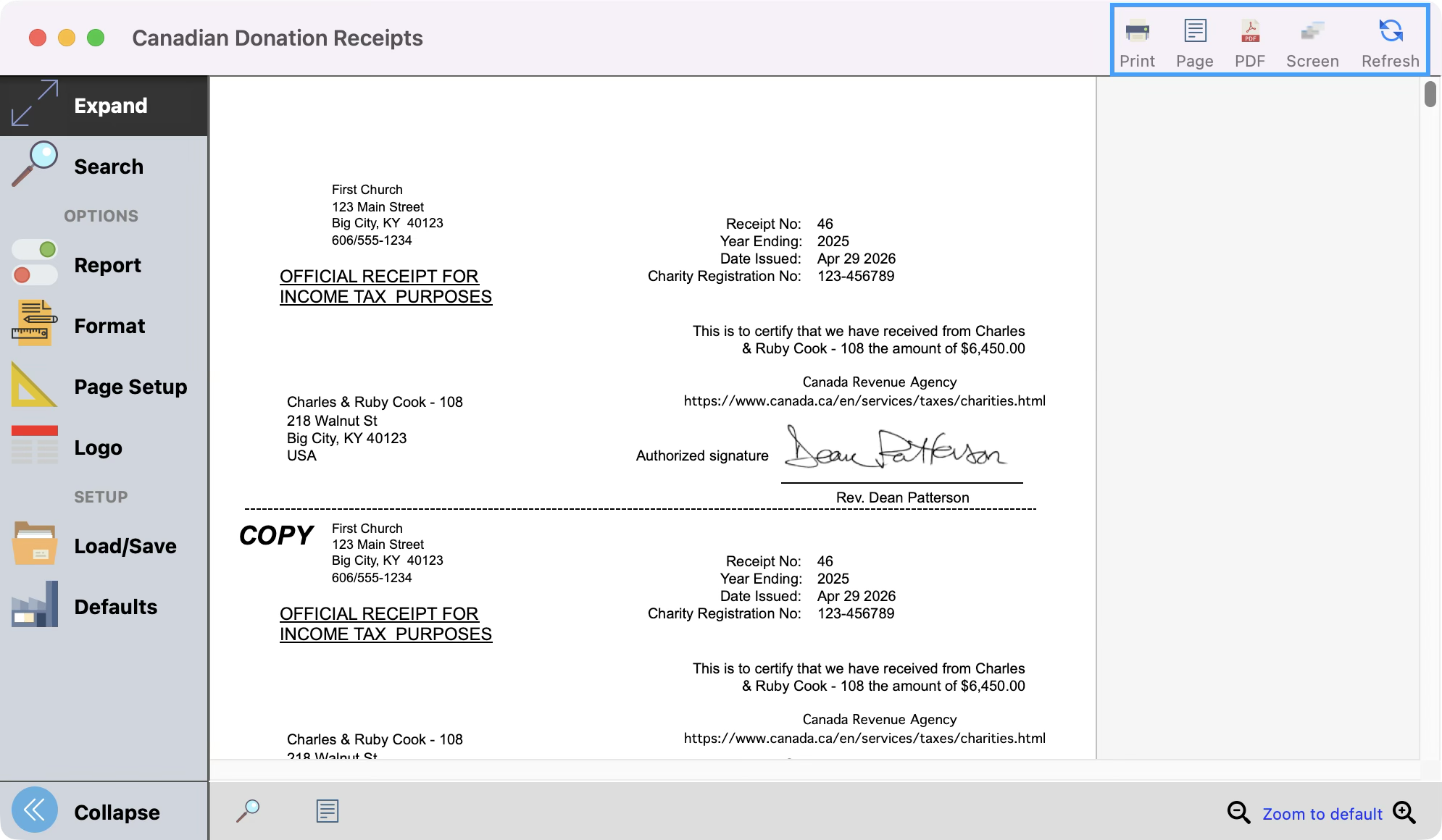 Canadian Donation Receipt window with the export options and refresh buttons highlighted. 