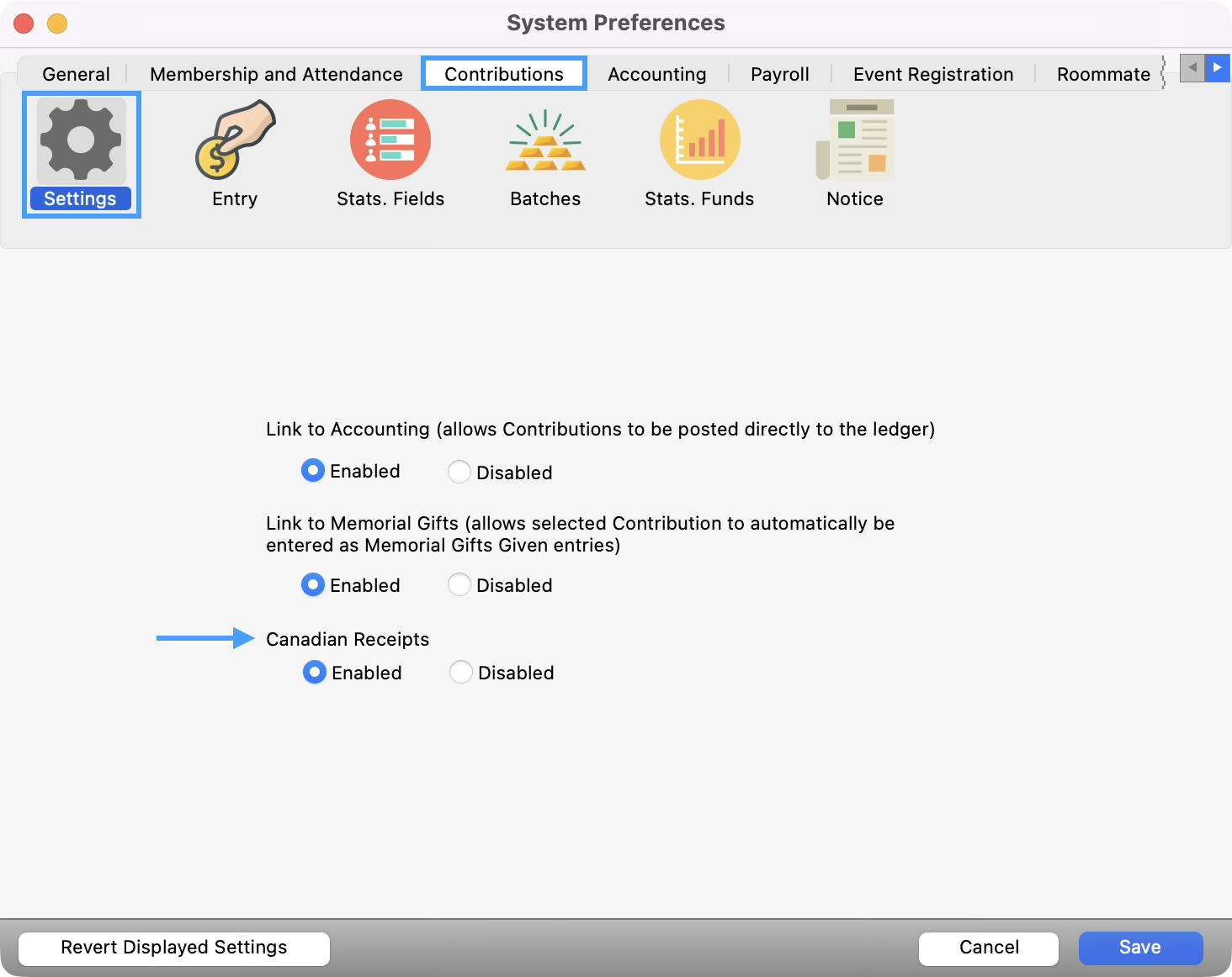 System Preferences under the Contribution tab under settings with an arrow pointing to the Canadian Receipts setting.