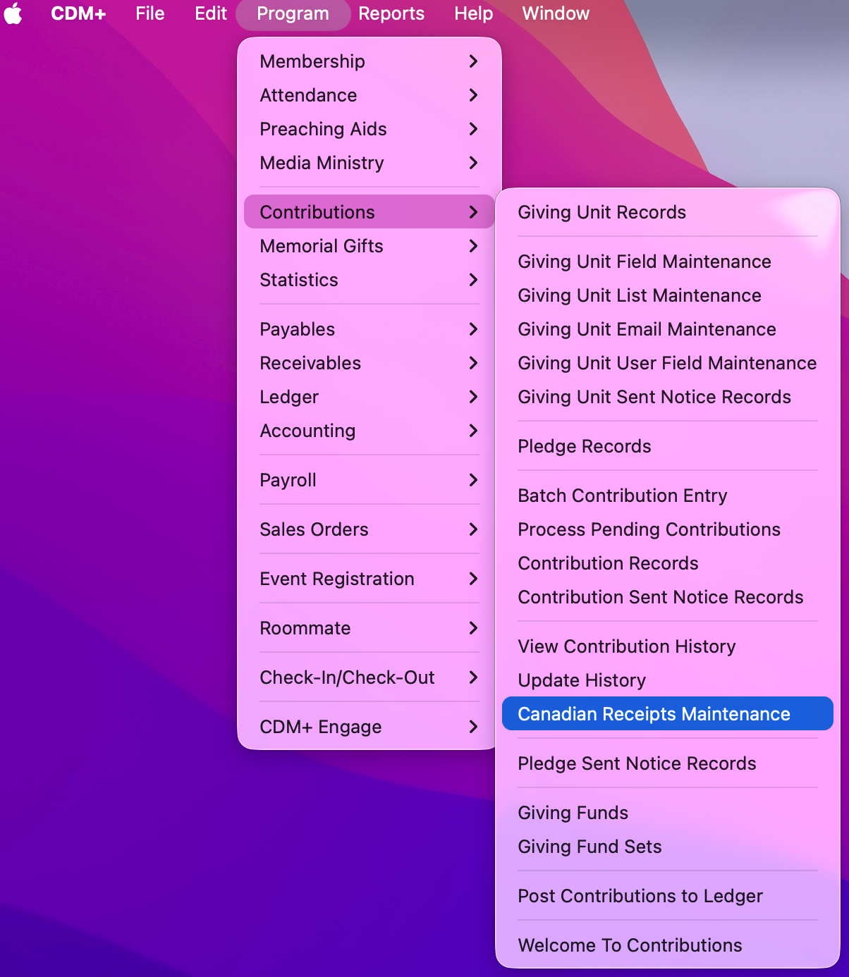 Navigation to Canadian Receipts Maintenance. 