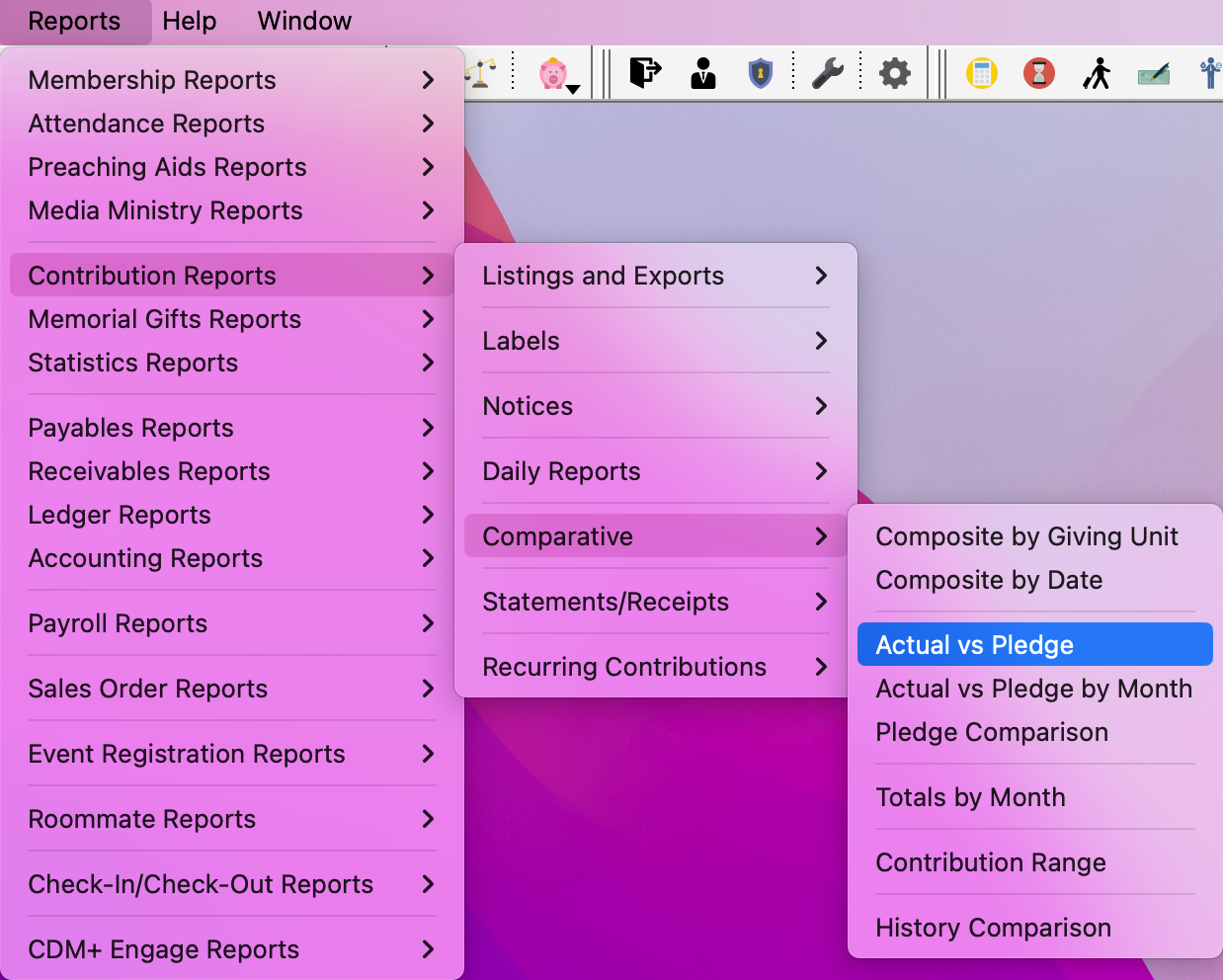 Navigation Path to Actual vs Pledge report. 