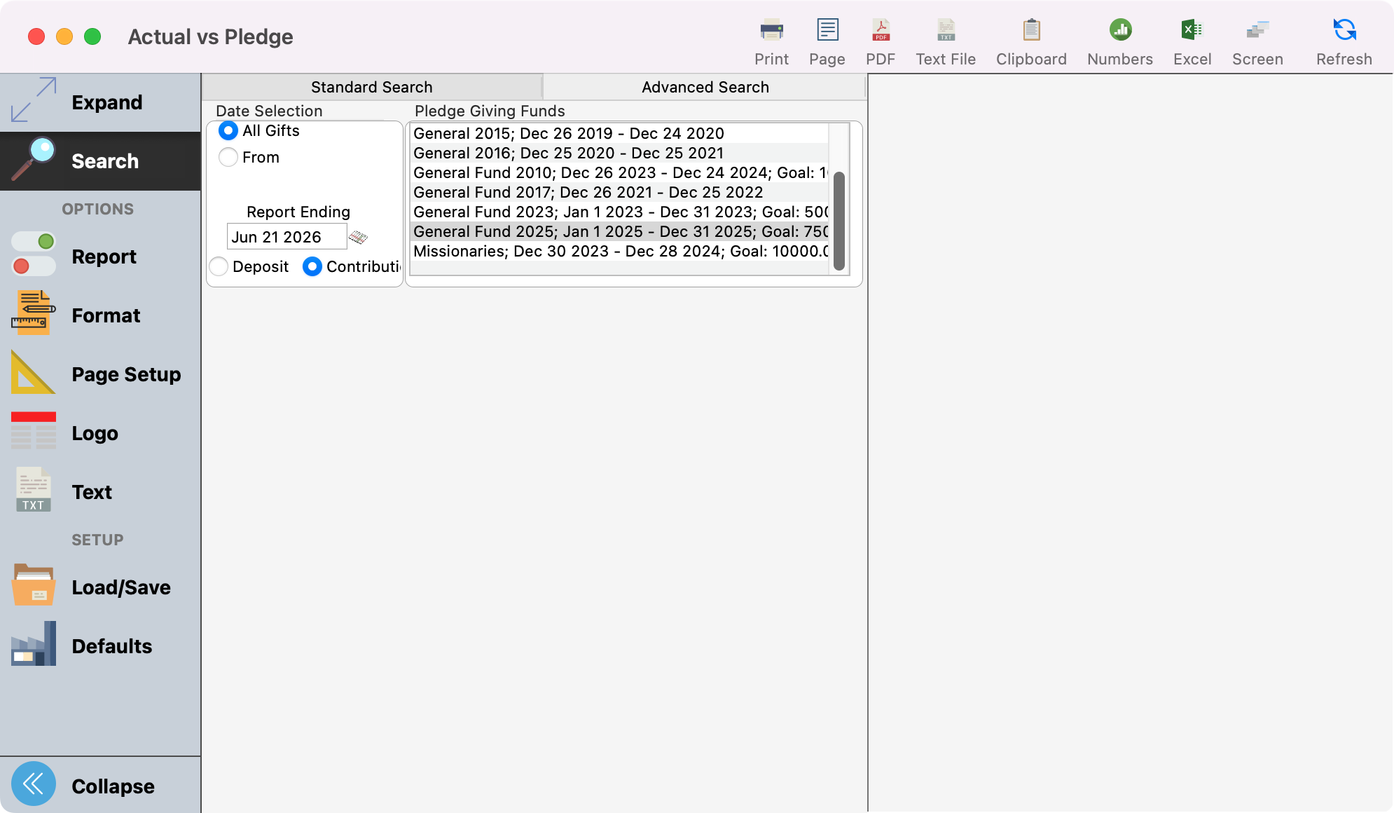 Actual vs Pledge report window.