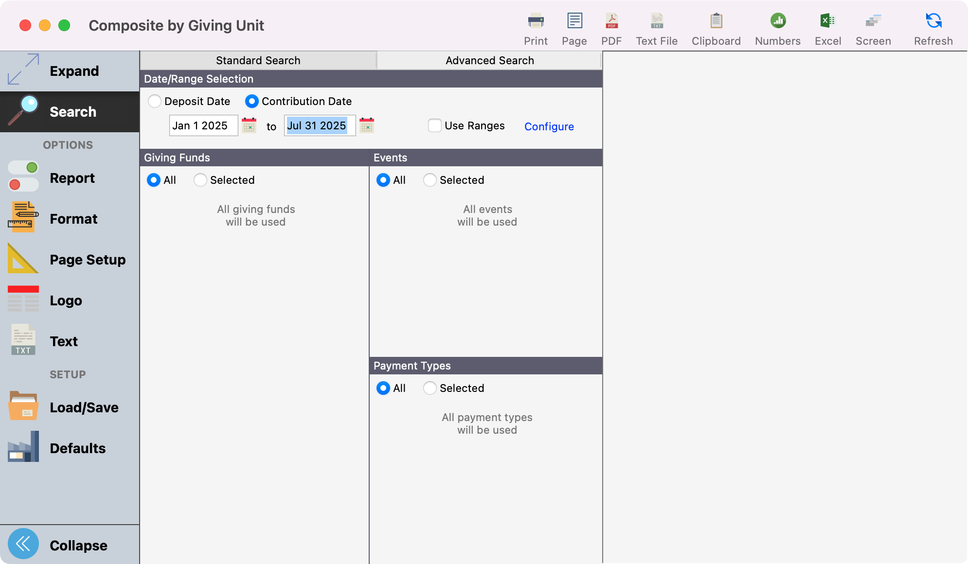 Composite by Giving Unit report window. 