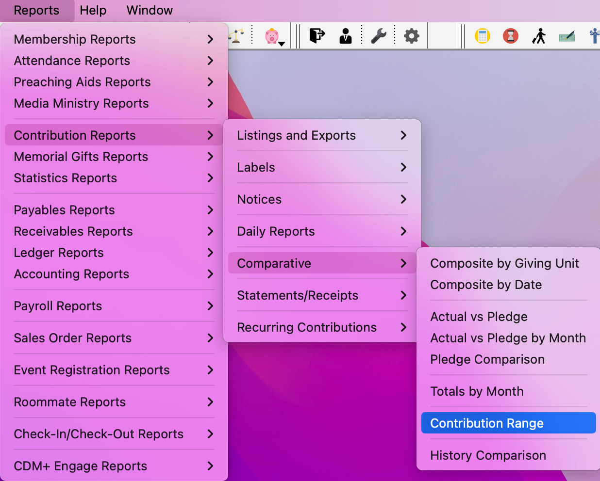 Navigation path to Contribution Range report. 