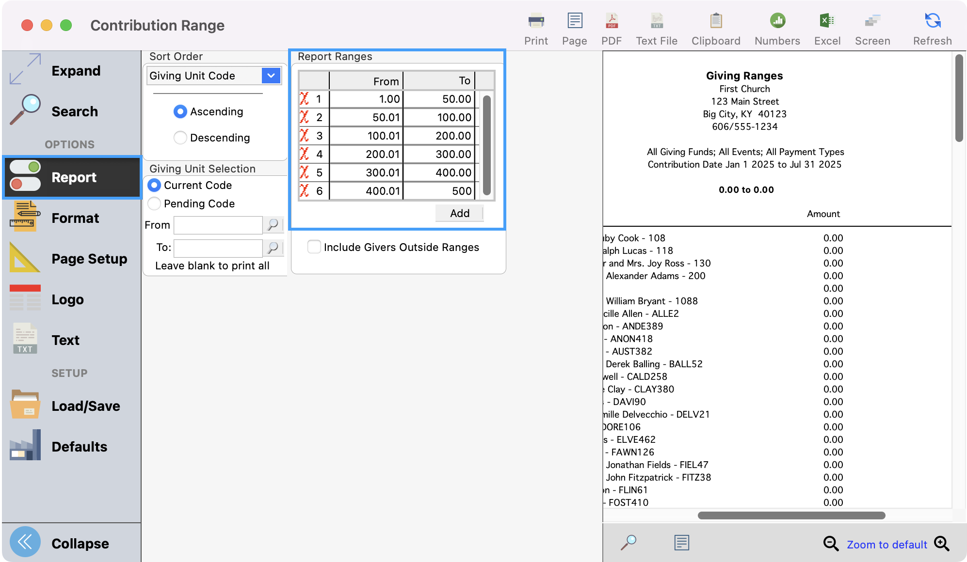 The Contribution Range report window with Report highlighted in the left sidebar and Report Ranges highlighted. 