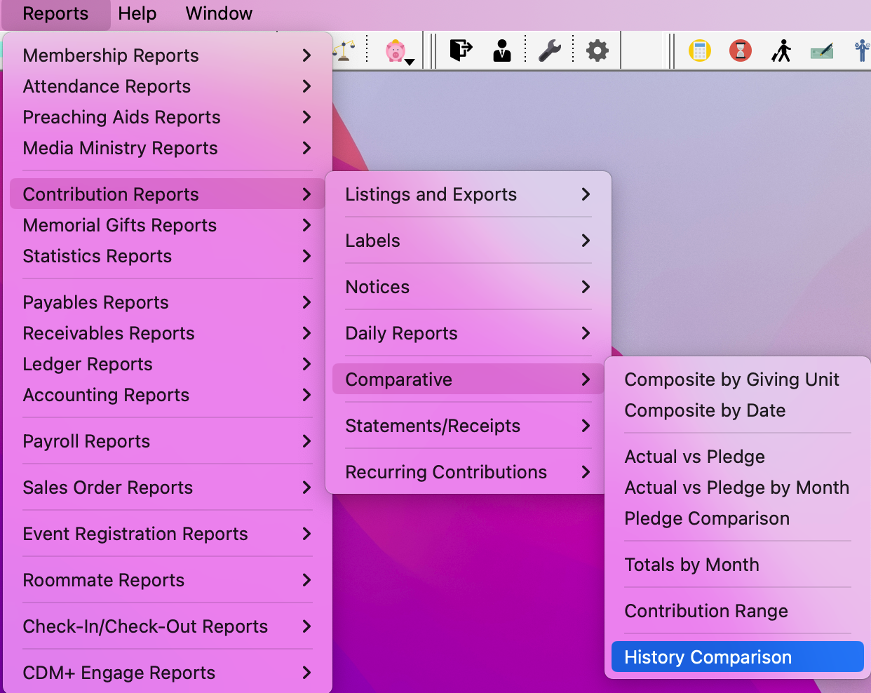Navigation path to History Comparison report.