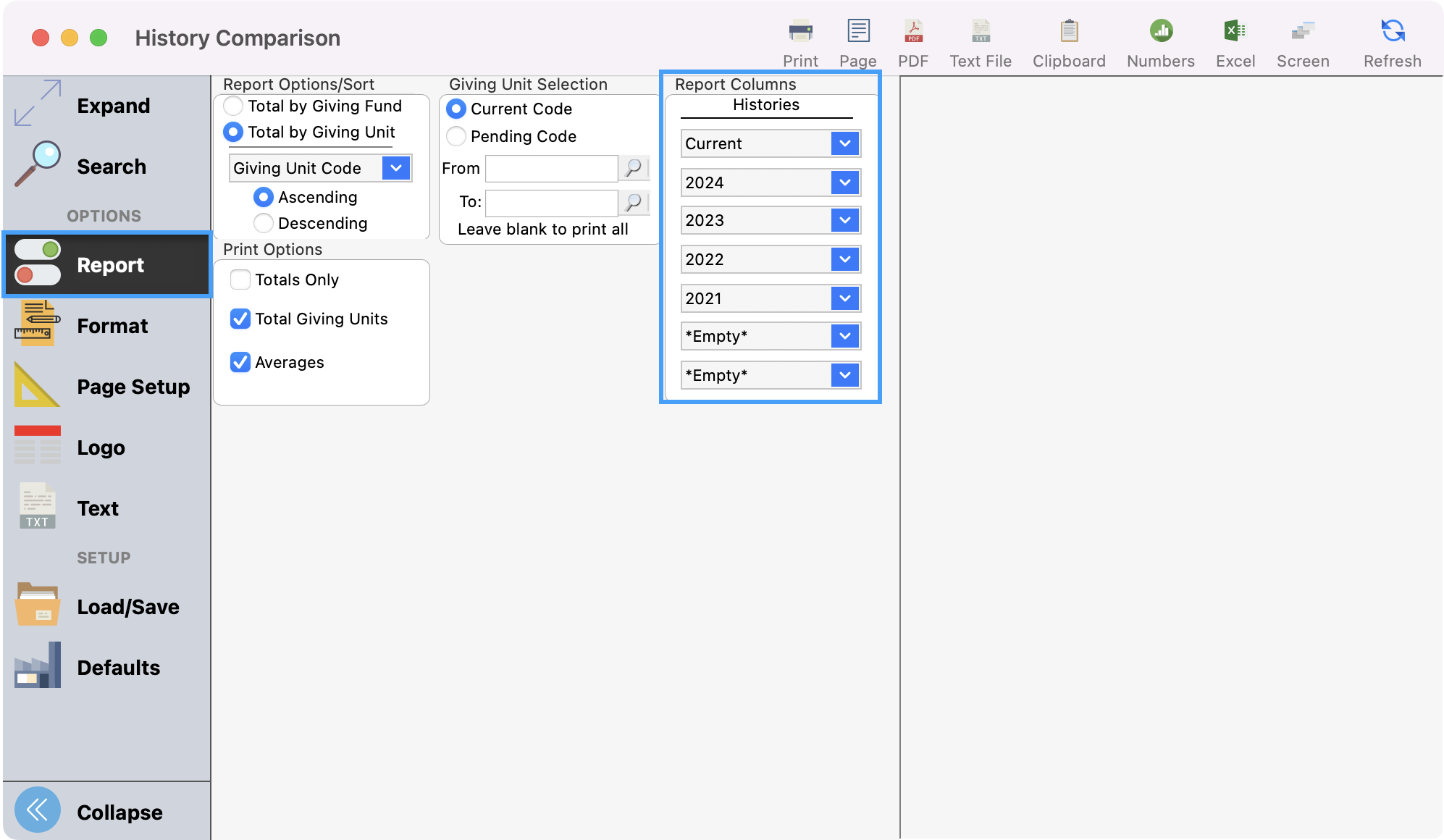 History Comparison report window with Report highlighted on the left sidebar and Report Column Histories highlightd. 