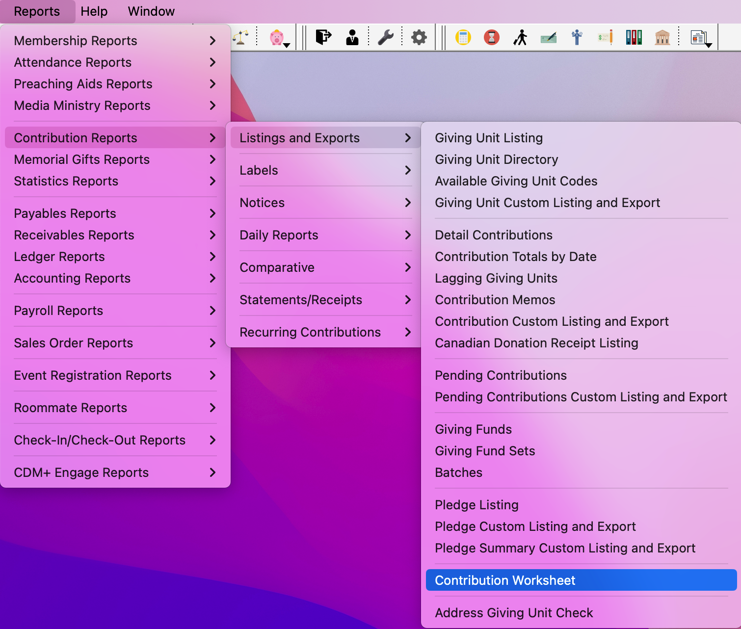 Navigation pathway to the Contribution Worksheet report.
