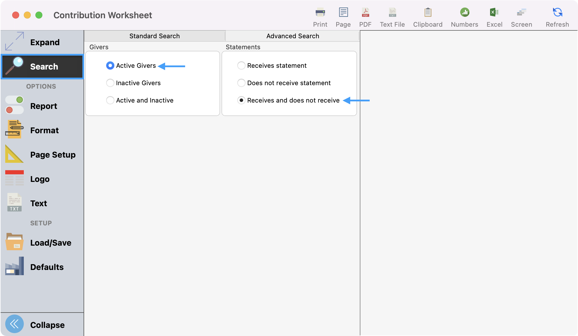 Contribution Worksheet window with Search highlighted and an arrow pointing to active givers and receives and does not receive