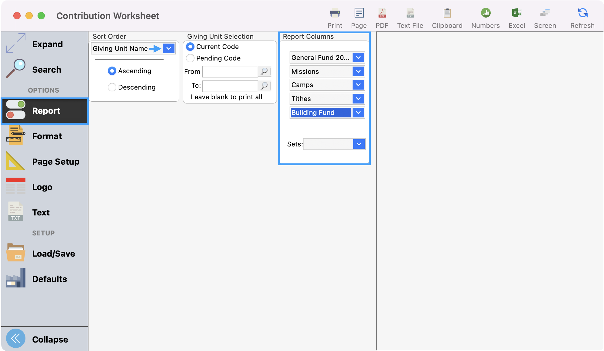 Contribution Workship window with Report highlighted in the left sidebar, an arrow pointing to Giving Unit Name drop-down, and Report Columns highlighted.