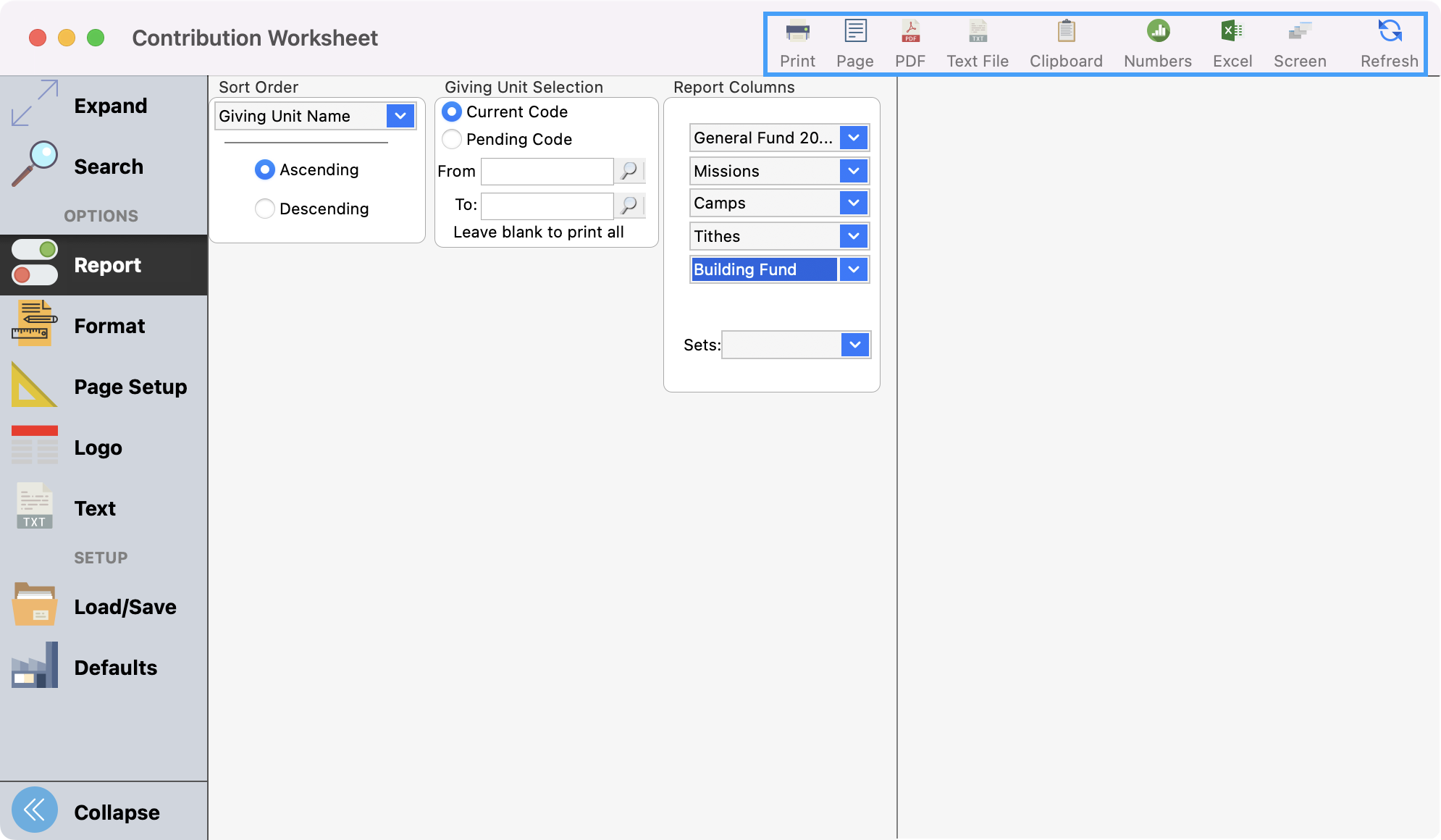Contribution Worksheet with the refresh, print, and export options highlighted.