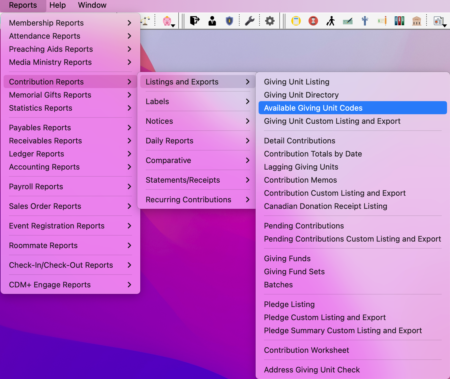 Navigation Path to the Available Giving Codes report.