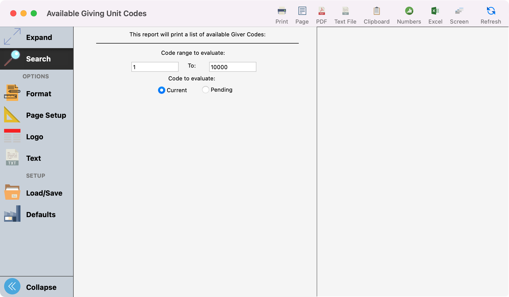 Available Giving Unit Codes report window.