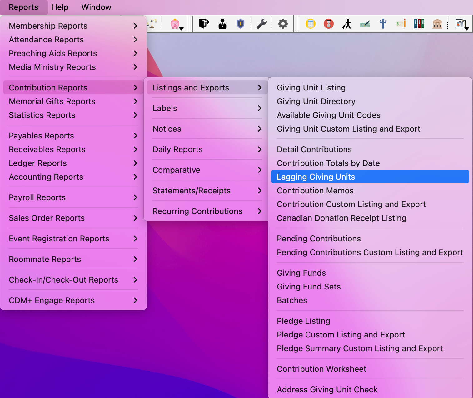 Navigation path to Lagging Giving Units report