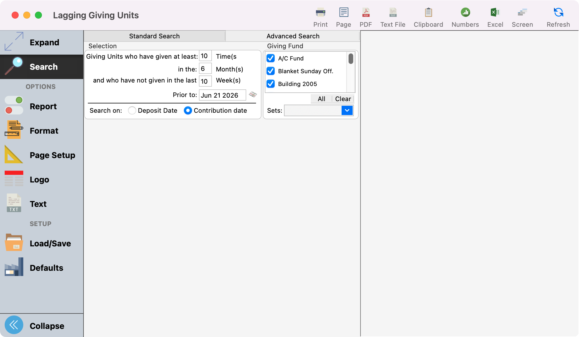 Lagging Giving Units report window.